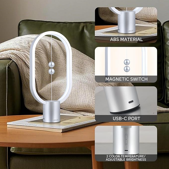 Heng Balance Light, USB Powered LED Table lamp, Creative, Magnetic Switch Night Light, dimmable Eye Protection Table lamp, Used for Gifts, Decoration Bedside, Dormitory and Office(Silver)