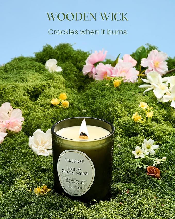 M&SENSE Pine Green Moss Strong Scented Candle, Wooden Wick Candle, 100 Hours Slow Burning No Toxin Natural Soy Wax 18oz,Calming Meditation Home Fragrance, Housewarming Gifts for Men Women