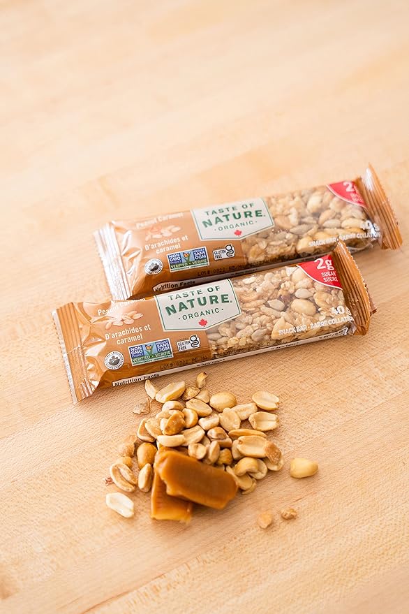 Taste of Nature - Organic 2g Sugar Peanut Caramel - Low Sugar Snack and Breakfast Bar, High Fiber Energy Bar - 16 Count Snack Pack