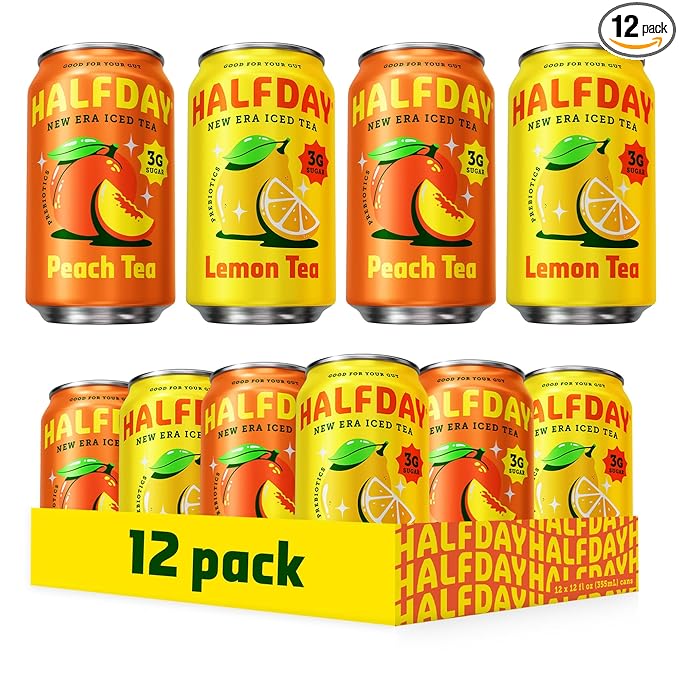 HALFDAY Prebiotic Iced Tea Peach & Lemon Variety Pack, Supports Digestive & Gut Health, 6g Plant Fiber & Prebiotics, 3g of Sugar, 35 Calories, Real Brewed Tea, Natural Caffeine, 12 fl oz (12 pack)