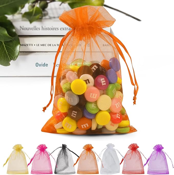 ANZNKU 50 Pack Organza Bags 5 x 7 Inch, Orange Sheer Favor Bags Drawstring for Jewelry, Small Mesh Gift Bags for Wedding & Halloween Candy Party Favors