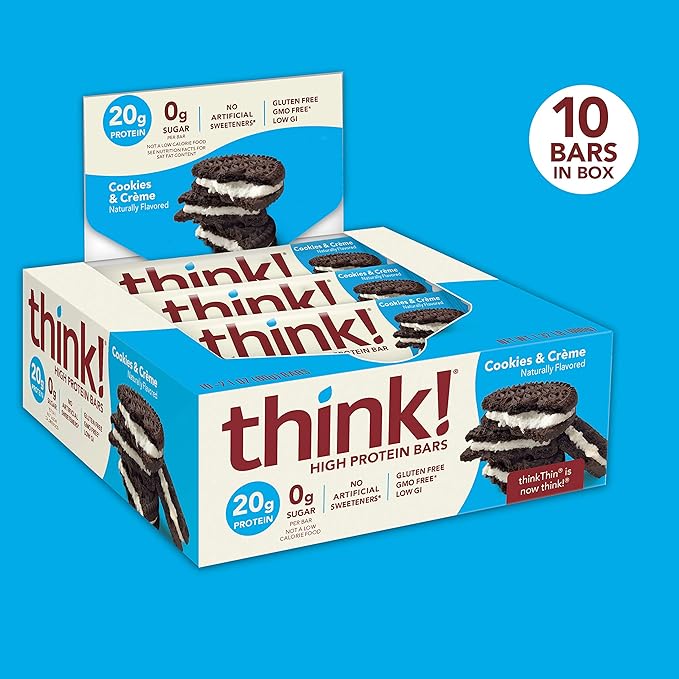 think! Protein Bars, High Protein Snacks, Gluten Free, Sugar Free Energy Bar with Whey Protein Isolate, Cookies and Crème, Nutrition Bars without Artificial Sweeteners, 2.1 Oz (10 Count) (Pack of 5)