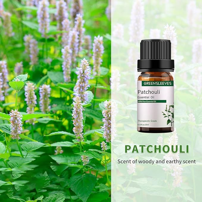 GREENSLEEVES Patchouli Lily Essential Oil Set, 2 x 10ml Pure Plant-Based Fragrance Oil for Aromatherapy, Essential Oils for Diffuser, Massage, Bath Bomb, Scented Candle Soap Making