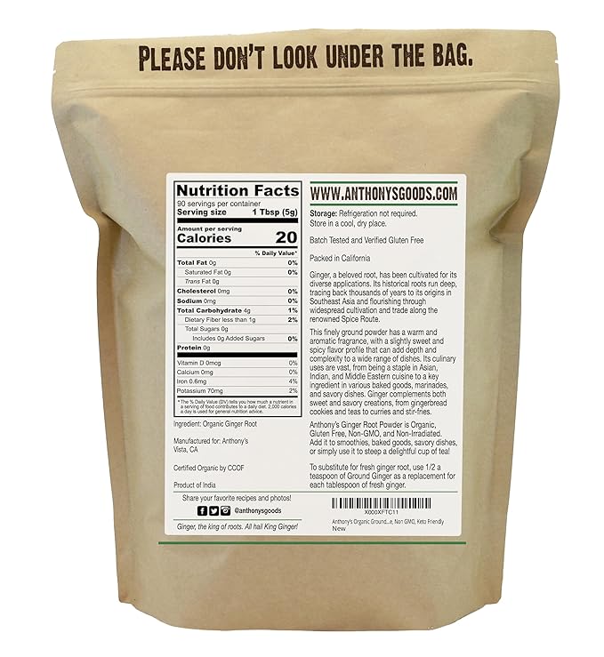 Anthony's Organic Ground Ginger Root, 1 lb, Gluten Free, Non GMO, Keto Friendly