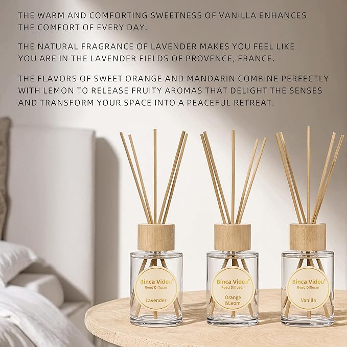 Reed Diffuser Set, Binca Vidou Lavender Vanilla Orange & Lemon Natural Scent Oil Diffusers with Sticks for Home Office Bathroom Aromatherapy Decor 2.7oz x 3