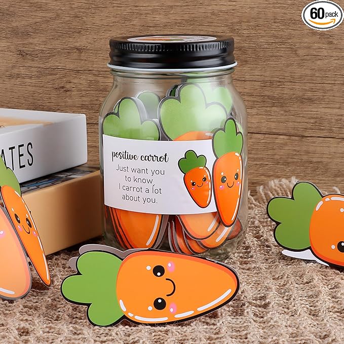 60 PCS Positive Carrot Emotional Support Gift Set Carrot Affirmation Cards with Glass Jar for Carrots Gifts Mental Health Gifts to Cheer Up Friends Positive Affirmations Cards for Women