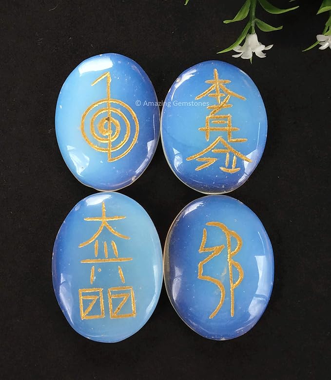 Amazing Gemstone Opalite Crystal Reiki Stones with Engraved Symbols for Usui Reiki Healing, Set of 4 Pcs (Indian Handmade Reiki Gift Set)