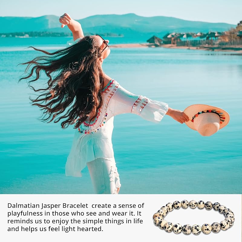 Dalmatian Jasper Bracelet, Healing Crystal Bracelet for Women and Men, 8mm Round Beaded Bracelet for Spiritual Healing, Protection, Positive Energy, Elastic Adjustable Size Gemstone Bead Bracelet