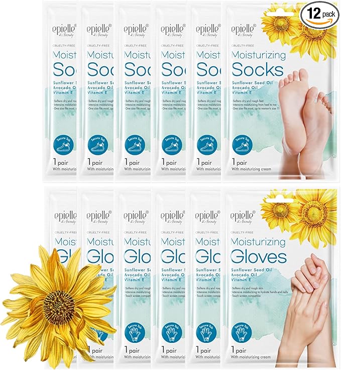 Epielle Moisturizing Hand & Foot Masks 12 Pairs, Soften Dry Hands & Cracked Heels with Sunflower Seed Oil & Avocado Oil, Korean Skin Care, Spa Self Care Gifts for Women, 6 Gloves & 6 Socks