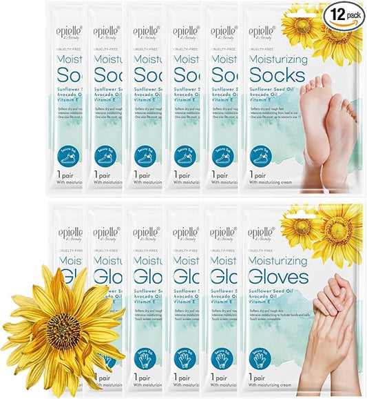 Epielle Moisturizing Hand & Foot Masks 12 Pairs, Soften Dry Hands & Cracked Heels with Sunflower Seed Oil & Avocado Oil, Korean Skin Care, Spa Self Care Gifts for Women, 6 Gloves & 6 Socks