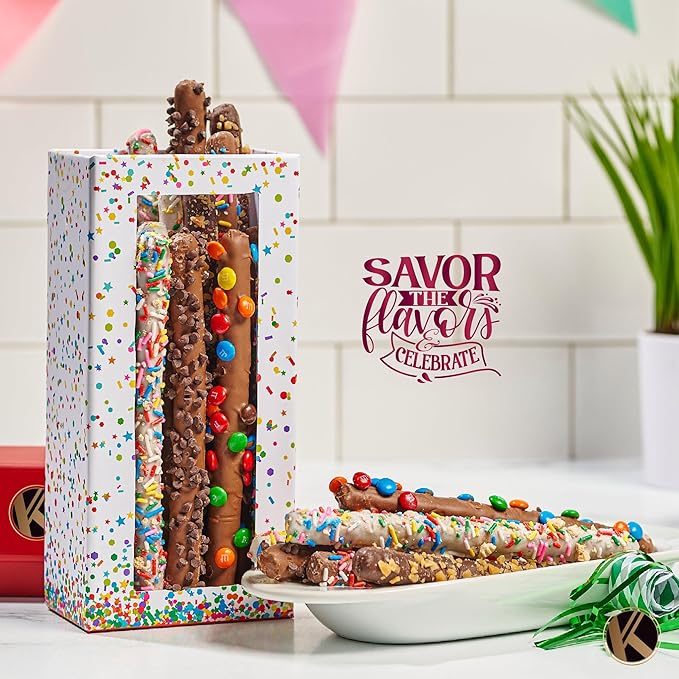 KREMERY Creamy Chocolate Cravings - Diwali Sweets Hamper Chocolate Covered Pretzel Rods Gift Basket, in Confetti Tower (10 Pretzels, Assorted Sweet Toppings) Food Arrangement
