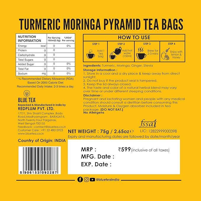 BLUE TEA - Turmeric Tea - Moringa - 30 Count - Pyramid Plant Based Tea Bag | CURCUMIN RICH - HERBAL BLEND | Caffeine Free - Vegan - Herbal Tea - Mild Flavor - Healthy | Reusable Tin Pack