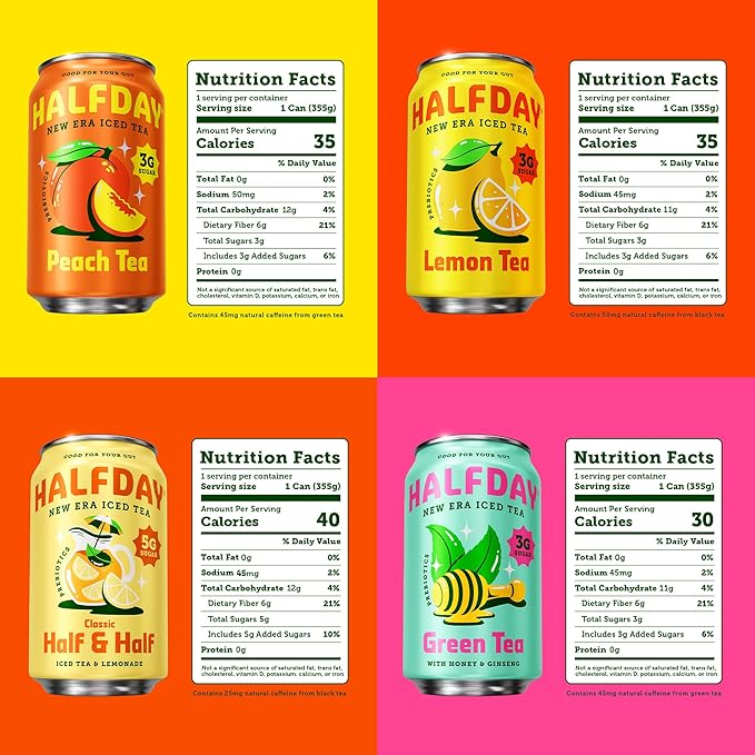 HALFDAY Prebiotic Iced Tea Lemon, Peach, Raspberry and Half & Half Variety Pack, Gut Health, Plant Fiber & Prebiotics, 3-5g of Sugar, 35 Calories, Natural Caffeine, Gluten Free, Keto 12 fl oz (12 pack)