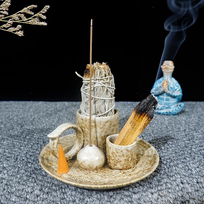 5.1Inch 5-in-1 Ceramic Smudge Bowl Brown - Incense Stick Holder, Small Candle Holder, Smudge Bowl/Dish, Fits Palo Santo, Sage.Zen Altar for Meditation/Yoga, Aromatic Scents, Easy to Clean