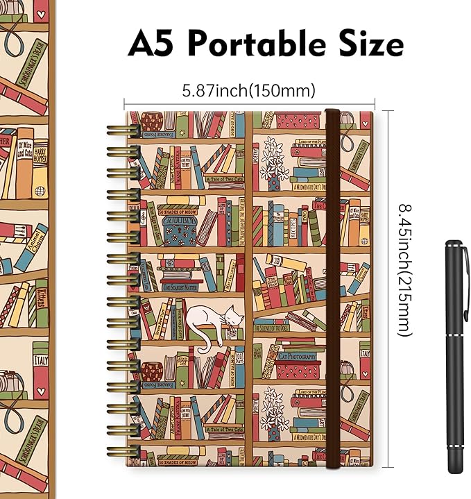 Cute Spiral Notebook, Journal for Women, Hardcover Spiral Journal, 5.5 x 8.3 Inches, 120 Pages,100gsm Paper, for Gifts Nurse Teacher Women Office Supplies(Cute Cat Bookshelf)