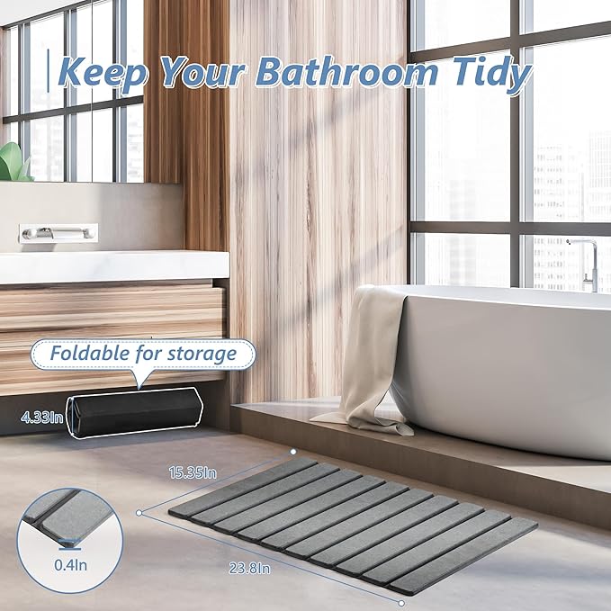 AWW Foldable Stone Bath Mat, Super Absorbent Diatomaceous Earth Mats, Non-Slip 23.6 x 15.5 Inch Quick Drying Mat, Compact and Easy to Store Bath Mats for Bathroom, Easy to Clean, Grey