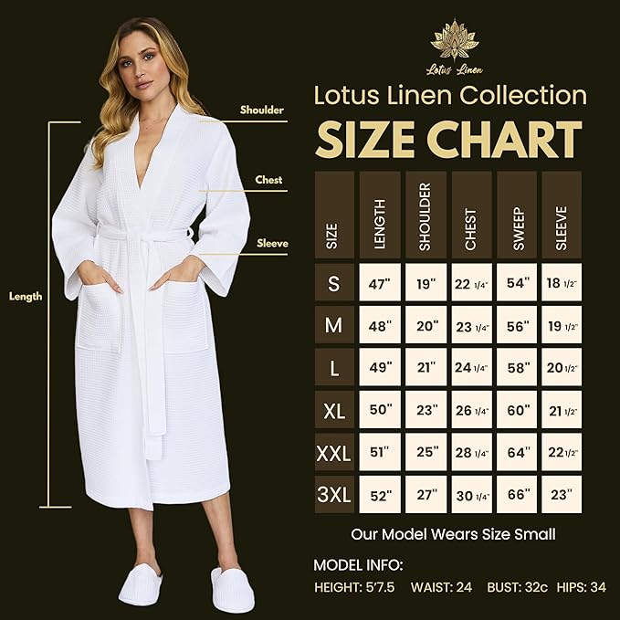 Lotus Linen Waffle Robes for Women - Lightweight Cotton Kimono Bathrobe - Long Soft Spa Bath Robe