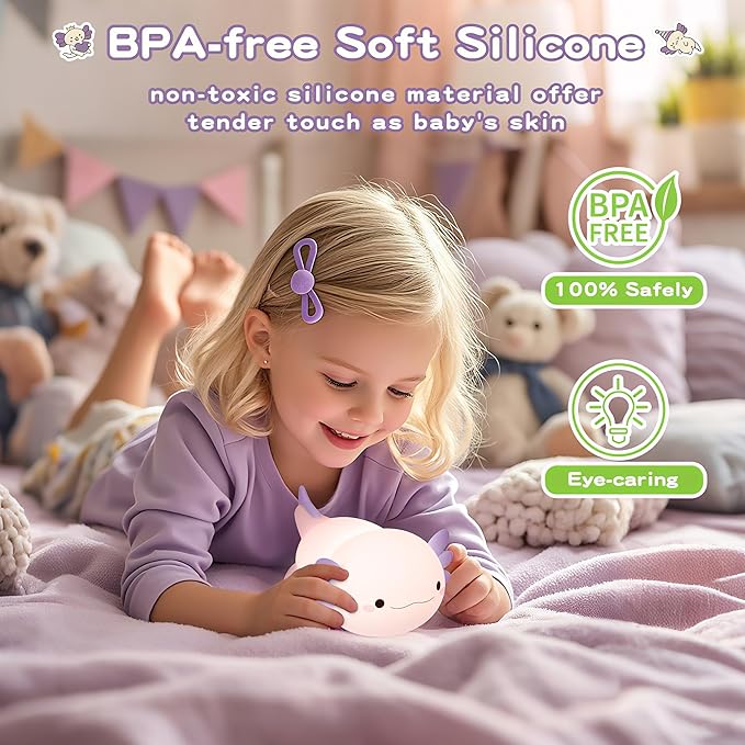 Axolotl Night Light for Kids,Cute Purple Axolotl Lamp ,LED Squishy Nursery Nightlight, Food Grade Soft Silicone Novelty Animal Bedside Lamp,Adorable Room Decor , Axolotl Gitfs for Mother Girls Baby