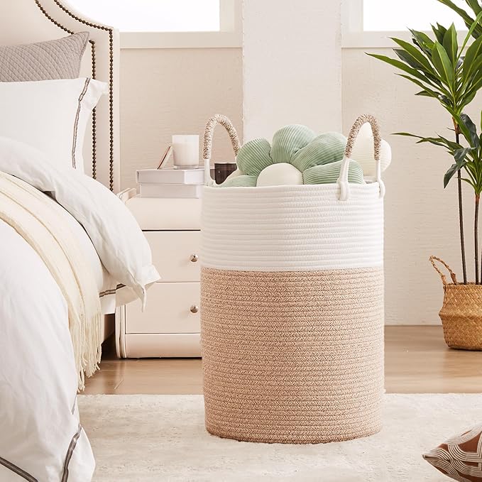 80L Large Hamper Laundry Basket Tall Woven Rope Clothes Hamper Blanket Basket in Living Room Bathroom Bedroom Brown