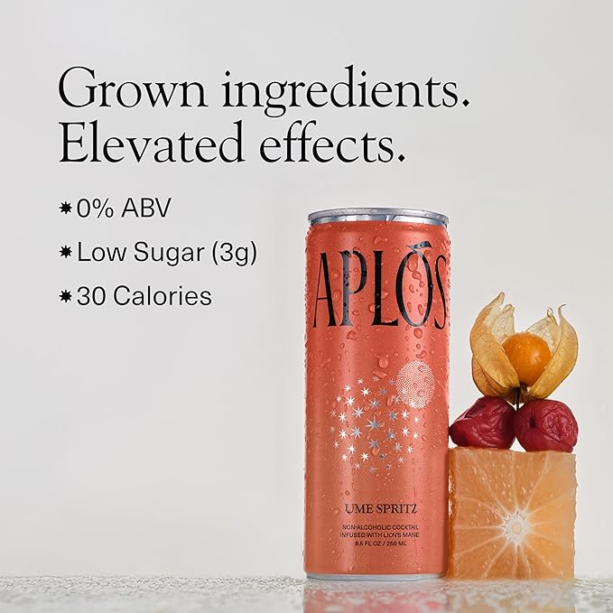 Aplós Canned Ume Spritz Non-Alcoholic Cocktails, Formulated with Nootropics and Botanicals for Calming & Uplifting, Low Calorie, No Added Sugar Beverage (8.5 fl oz. 8-pack)
