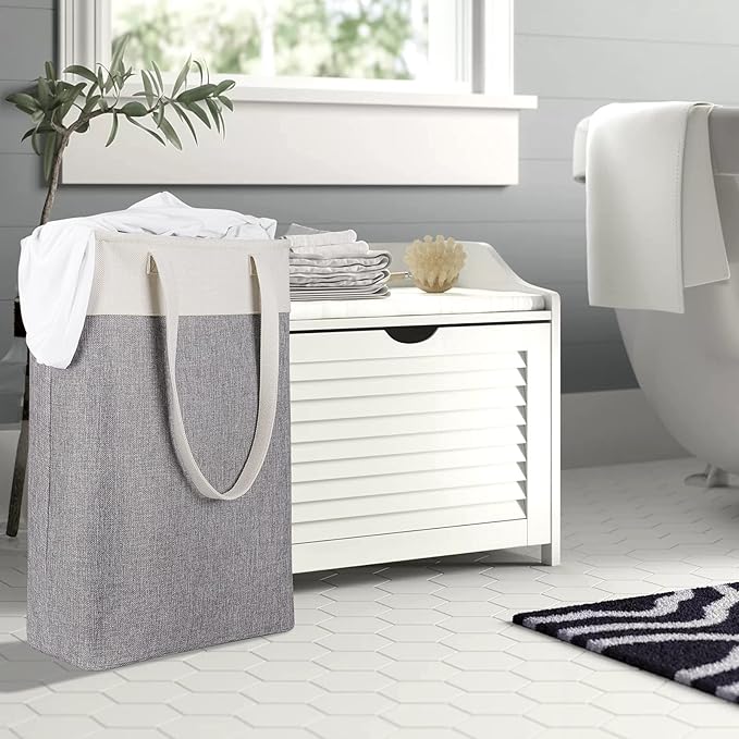 Collapsible Laundry Baskets Double Laundry Hampers Large Foldable Laundry Basket Organizer with Straps Beig Gray Cloth Laundry Hamper for Dirty Clothes,QY-SC22-2