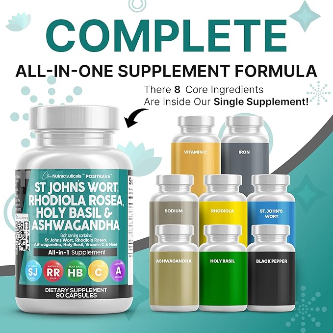 Clean Nutraceuticals St Johns Wort Rhodiola Rosea Holy Basil Ashwagandha - Mood Support for Women and Men with Vitamin C & Black Pepper Extract - 90 Caps