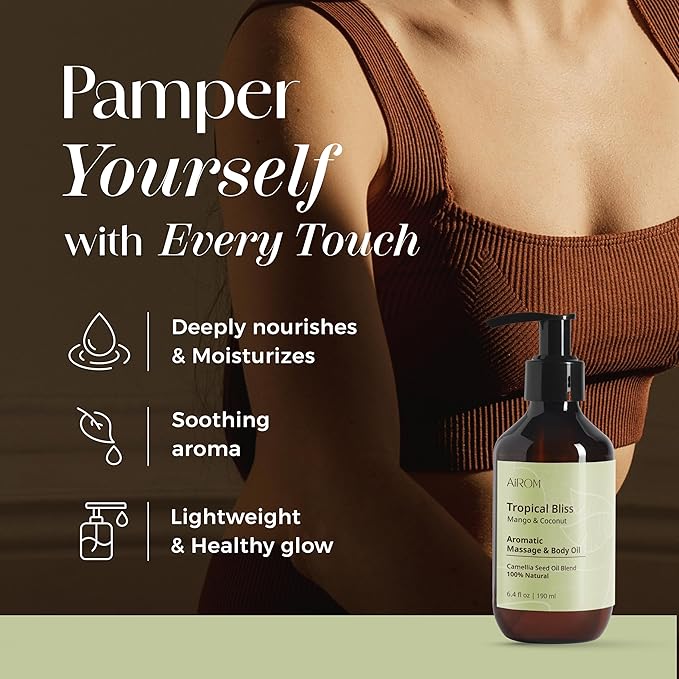 AiROM Mango & Coconut Massage Oil for Massage Therapy – Tropical Bliss - Scented Body Oil for Women – Hypoallergenic, Relaxing Aromatherapy, Non-Greasy, Nut-Free - 6.4 fl oz