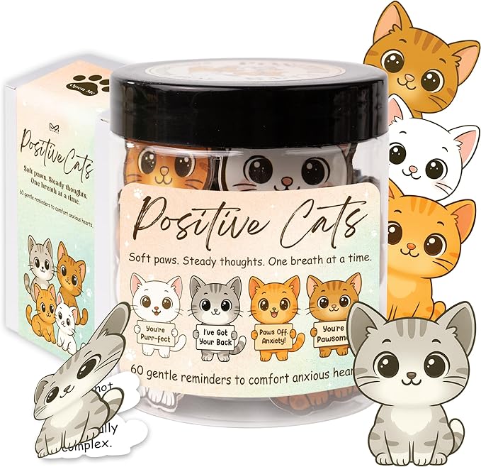 Positive Cats Jar – 60 Affirmation Cards for Anxiety & Self Care, Cute Cat Gifts for Women, Teens & Men, Mental Health & Stress Relief Support Gifts, Cats Themed Gift