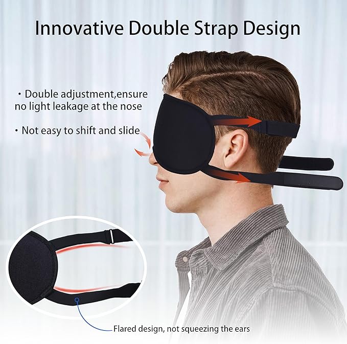 3D Blackout Sleep Mask - Zero Pressure Eye Mask with Double Adjustable Strap, Soft Breathable Lycra Fabric, Perfect for Side Sleepers, Travel, Yoga & Nap - Unisex Design (Black)