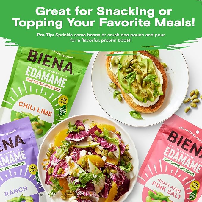 Biena Crispy Roasted Edamame Beans Snack – High Protein Snack for Adults & Kids, 12g-13g Protein per Serving - Made with Avocado Oil – Vegan, Low Carb, Gluten-Free – 3-Pack 4.75oz Variety Pack