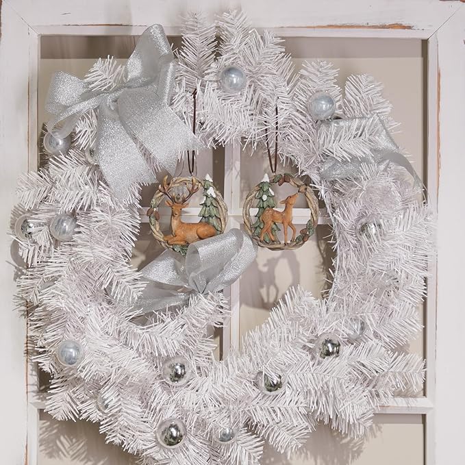 Christmas Tree Ornaments Christmas Decorations - Set of 2 Resin Christmas Woodland Deer in Wreath Ornaments Brown/Sage Green Men for Family Braxio