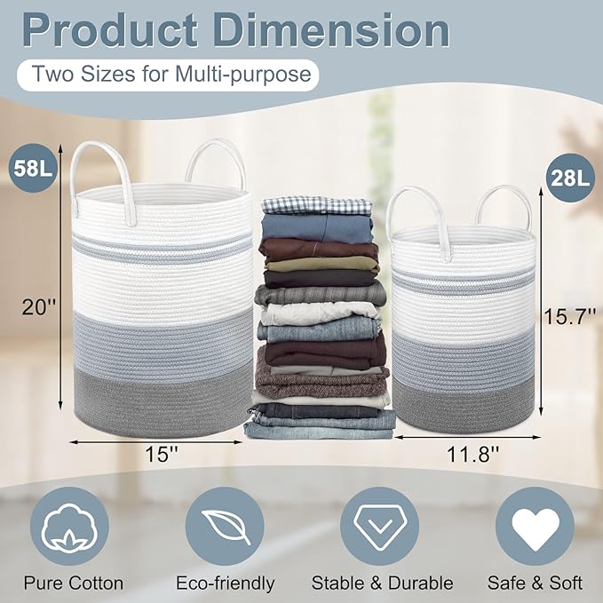 2 Pack Large Tall Rope Laundry Baskets, Cotton Laundry Hamper, Dirty Clothes Hampers Woven Basket, Blanket Basket Storage for Living Room, Dirty Clothes Baskets for Bedroom, Baby Room, 58L&28L Grey