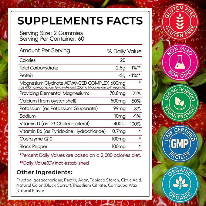 Magnesium Glycinate Gummies Sugar Free for Kids & Women, High Absorption Magnesium and Potassium with L-Threonate, Calcium, B6, D3, Chews Gummies, Relaxation, Stress Relief, Night Rest