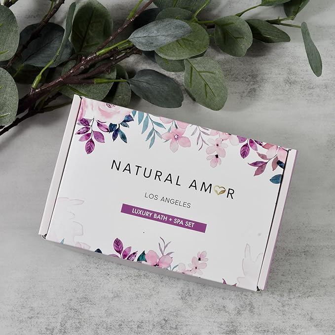 Natural Amor Lavender Spa Gifts for Women, 5pcs Handmade Spa Gift Box for Women, Soap, Clay Mask, Bath Salt, Birthday Gift for Women, Self Care Gift