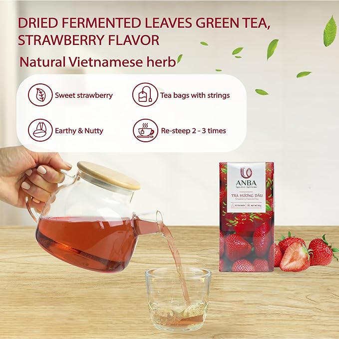 ANBA Black Tea Bags Strawberry Flavor, 25 Count | Sweet & Sour Notes Bold Taste | Naturally Caffeinated | Naturally Fermented | No Sugar Added | ISO HACCP Certified