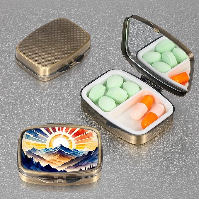 Dynippy Pill Case Pill Box with Mirror Retro Pocket 2 Compartment Medicine Case Vitamin Pill Organizer for Pocket Purse and Travel (Retro- Mountain Sunrise)