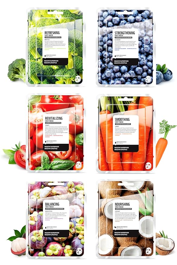 FARMSKIN Superfood Salad Sheet Mask Set of 6 | Korean Face Mask Sheets w/Mangosteen, Broccoli, Carrot, Coconut, Blueberry & Tomato | Refreshing, Nourishing & Cruelty-Free Face Mask Skincare Set