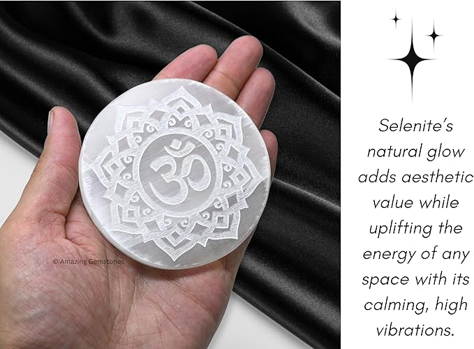Amazing Gemstone Selenite Crystal Charging Plate For Crystals And Healing Stones, 3" Selenite Crystal Plate Engraved Flower of Life with OM Coaster For Home, Office Table Decor (Selenite Round Disc)