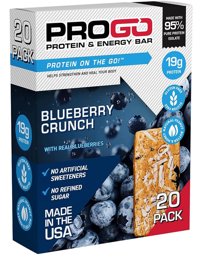 ProGo Protein Bars, Low Sugar, High Protein Snacks (19g) - 95% Pure Isolate for Faster Muscle Growth & Recovery, Low Calorie, Sweetened w/Peanut Butter & Raw Honey (20-Count, Blueberry Crunch)