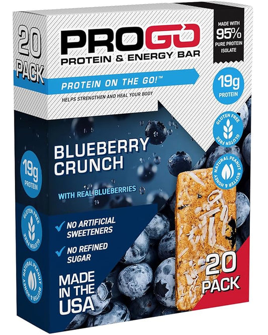 ProGo Protein Bars, Low Sugar, High Protein Snacks (19g) - 95% Pure Isolate for Faster Muscle Growth & Recovery, Low Calorie, Sweetened w/Peanut Butter & Raw Honey (20-Count, Blueberry Crunch)