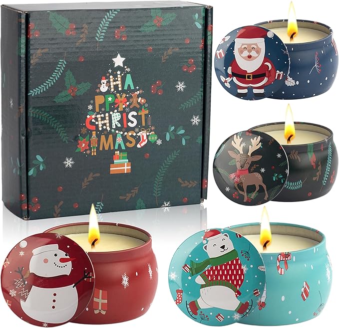 Christmas Scented Candles Gifts - Xmas Candle Gift Set for Women Men Aromatherapy Soy Wax Natural Small Festival Aroma Candle Gift 4 PCS 4.4 Oz for Mothers Day Birthday Diwali Teachers Girls