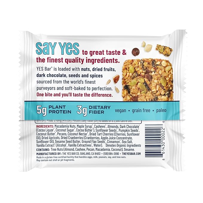 The YES Bar – Macadamia Chocolate – Plant Based Protein, Decadent Snack Bar – Vegan, Paleo, Gluten Free, Dairy Free, Low Sugar, Healthy Snack, Breakfast, Low Carb, Keto Friendly (24 Count)