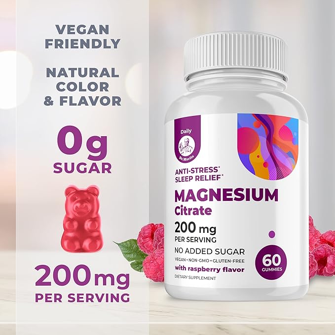 DR. MORITZ Magnesium Citrate Gummies for Adults - Sugar-Free Calm Magnesium Gummies - Supports a Healthy Stress Response - Raspberry Flavor - Non-GMO, 200 mg (60 Count)