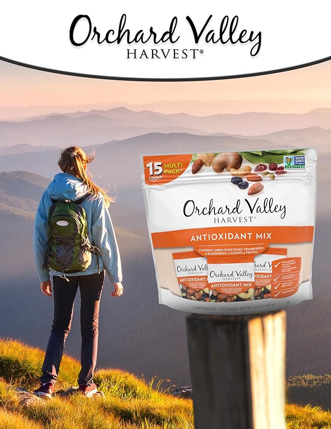 Orchard Valley Harvest Antioxidant Mix, 1 Ounce Bags (Pack of 15), Almonds, Cranberries, Blueberries, Cashews, and Pepitas, Non-GMO, No Artificial Ingredients, Healthy Snacks for Adults