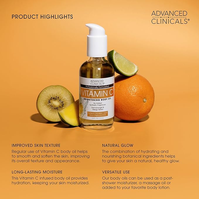 Advanced Clinicals Vitamin C Brightening Body Oil For Women & Men | Vitamin C Oil Skin Care Body Moisturizer With Vitamin E + Botanicals To Help Improve Appearance Of Dark Spots + Dry Skin, 2PC