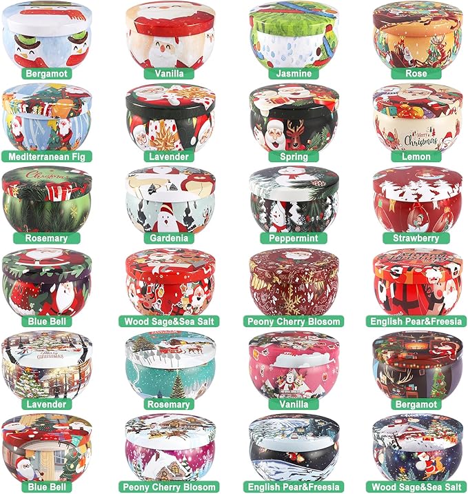 24Pack Christmas Scented Candle Tins Gift Set - Soy Wax Festive Aromatherapy Candles 2.5oz- Smokeless Long Lasting Burn time for Christmas Gifts Holiday Decor & Gifting.