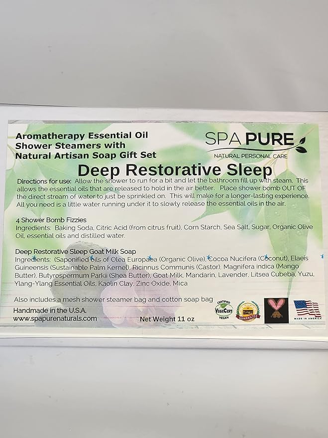 Spa Pure Aromatherapy Gift Set - Sleep Artisan Soap & 4 Shower Steamers - USA Made with Plant Based Ingredients - Cotton Steamer Bag & Soap Bag