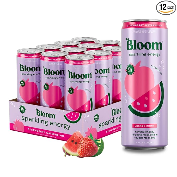 Bloom Nutrition Sparkling Energy Drink - Natural Caffeine, Zero Sugar, 180mg Caffeine - Antioxidant-Rich with Green Coffee Bean, Green Tea Extract, Prebiotics - Strawberry Watermelon - 12oz 12 Pack