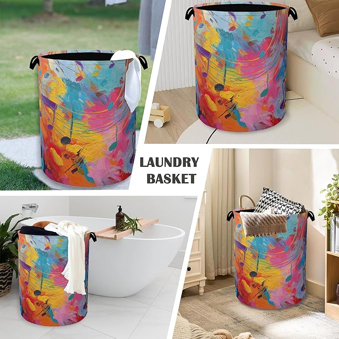 Colorful Music Symbols Laundry Basket,Foldable with Handles Tote Bag Oxford Cloth for Bathroom Bedroom Dirty Clothes Storage Bucket 16" x 20.8"