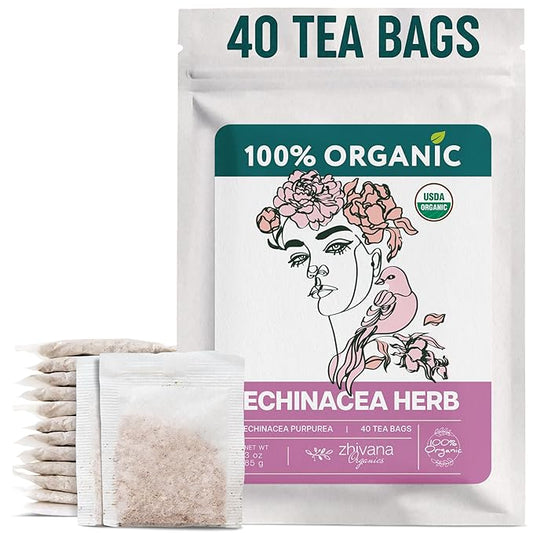 Echinacea Tea Organic (40 Tea Bags) - 100% Pure Natural Immunity Support - Equinacea Organica - Herbal Infusion - Caffeine-Free